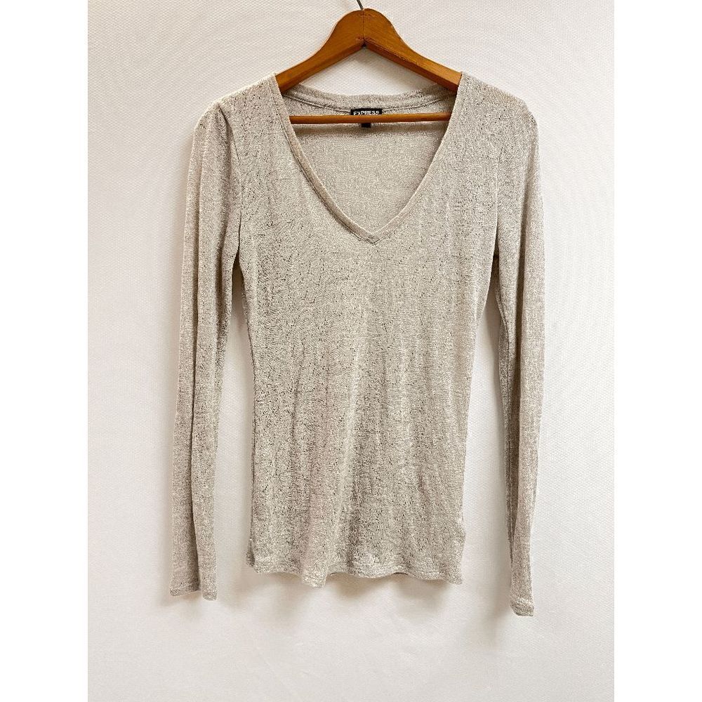 Express Womens Pullover Knit Fleece V neck Long Sleeve Top Gray Sz M